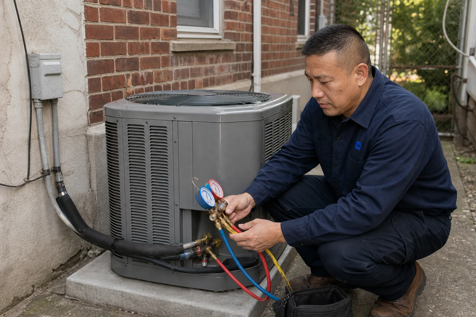 Eric Pan inspecting a residential air-conditioning system