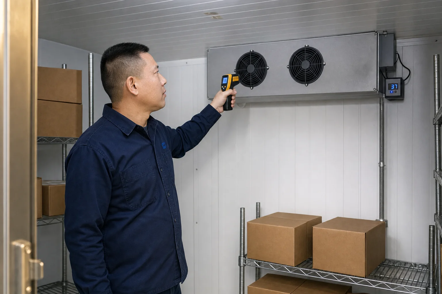 Eric Pan checking temperature inside a commercial walk-in cooler