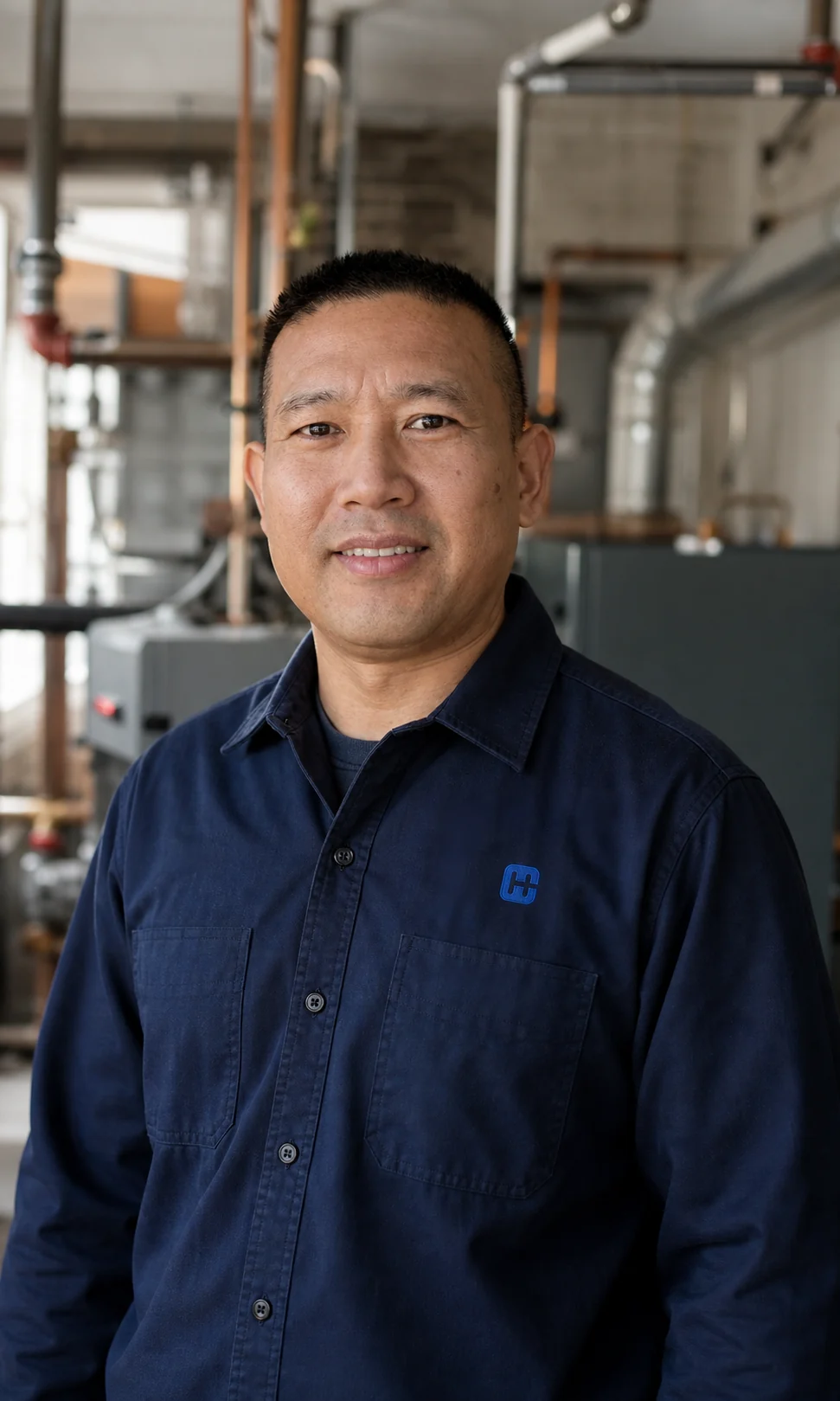 Eric Pan of HomeGuard in a New York mechanical room
