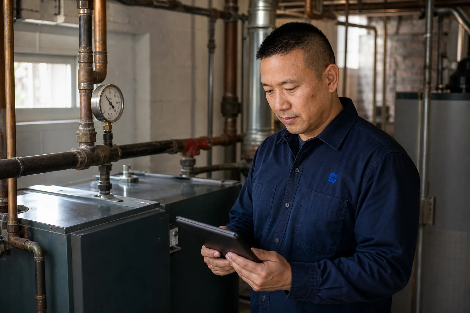 Eric Pan diagnosing equipment in a mechanical room